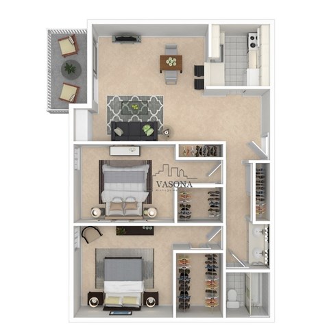 Floor plan for 2 beds, 1 bath, 965 sqft